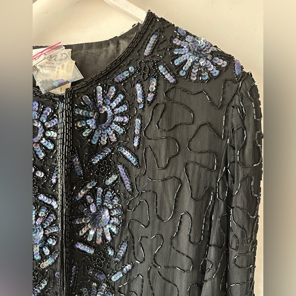 Vintage Black & Blue Sequin Silk Cardigan Size M - Picture 4 of 10